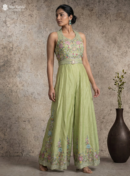 Pista Green Silk Embroidery Jumpsuit With Belt