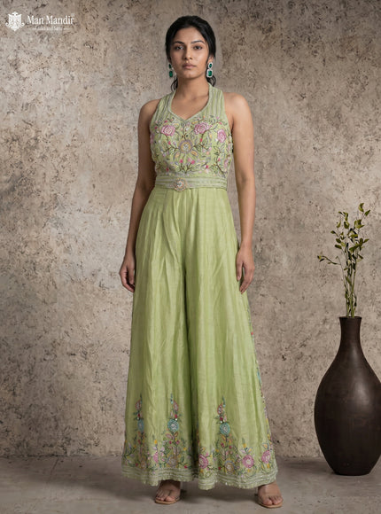 Pista Green Silk Embroidery Jumpsuit With Belt
