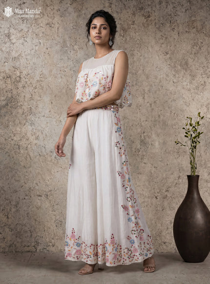 White Raw Silk Embroidery Jumpsuit With Belt
