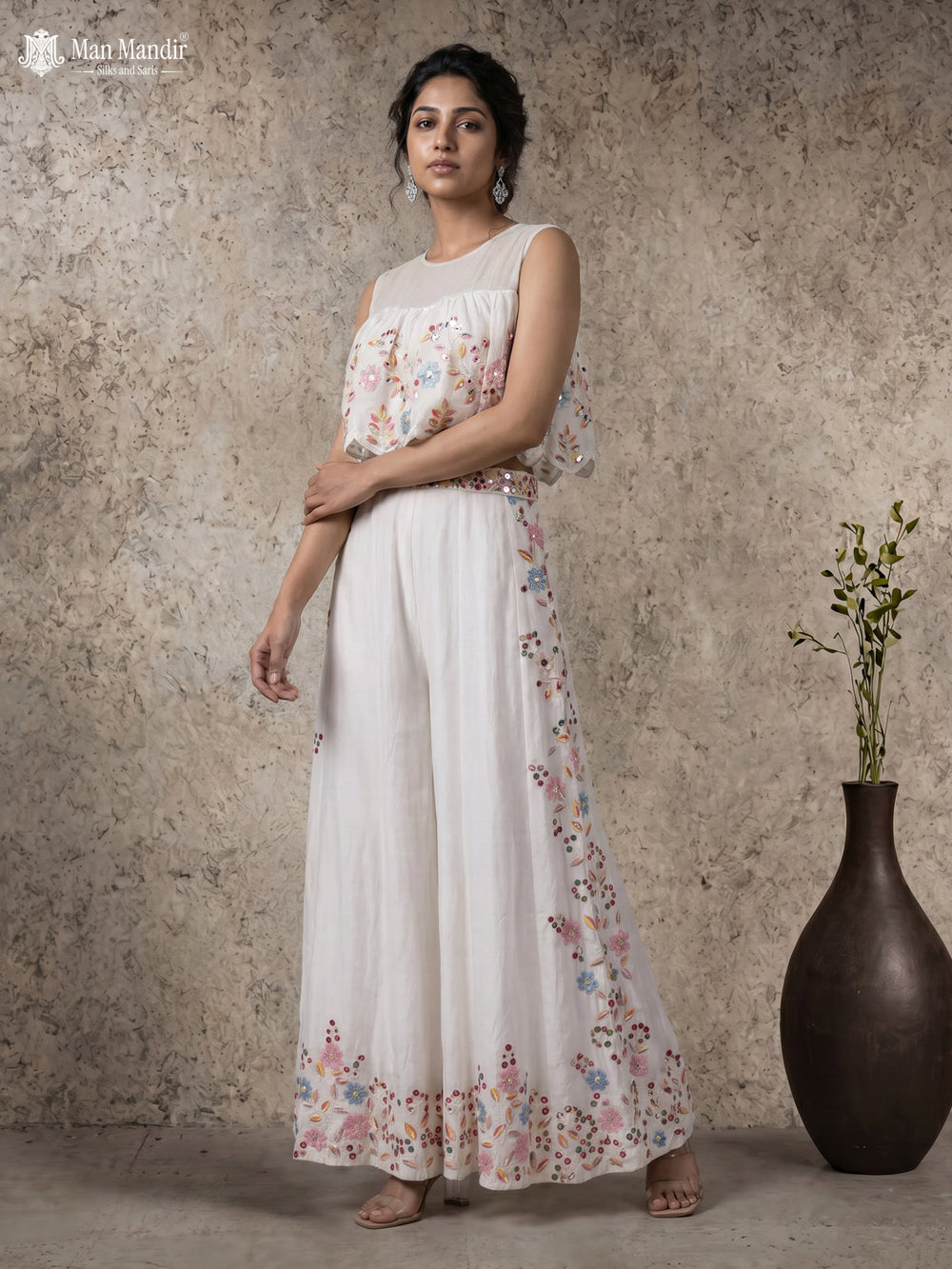 White Raw Silk Embroidery Jumpsuit With Belt