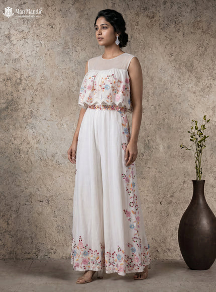 White Raw Silk Embroidery Jumpsuit With Belt