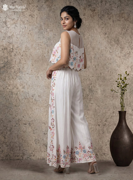 White Raw Silk Embroidery Jumpsuit With Belt