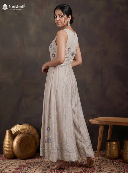 Cream Silk Embellished Jumpsuit With Belt