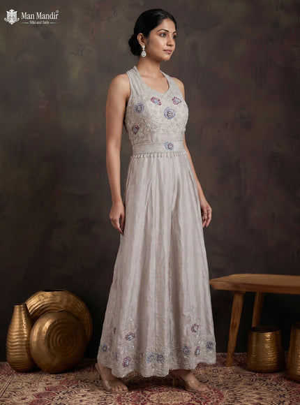 Cream Silk Embellished Jumpsuit With Belt