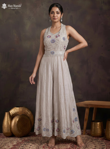 Cream Silk Embellished Jumpsuit With Belt