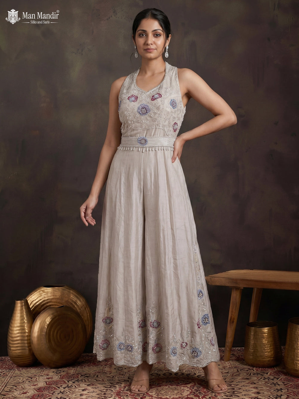 Cream Silk Embellished Jumpsuit With Belt