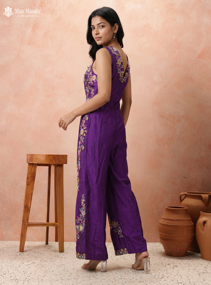 Purple Raw Silk Resham Work Jumpsuit With Belt