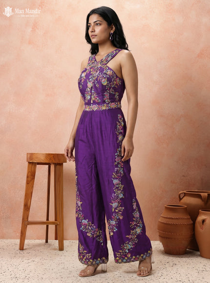 Purple Raw Silk Resham Work Jumpsuit With Belt