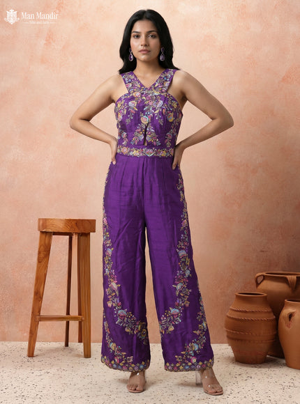 Purple Raw Silk Resham Work Jumpsuit With Belt