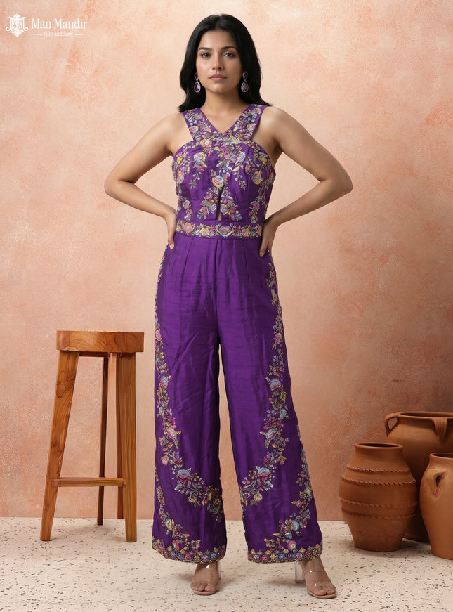 Purple Raw Silk Resham Work Jumpsuit With Belt