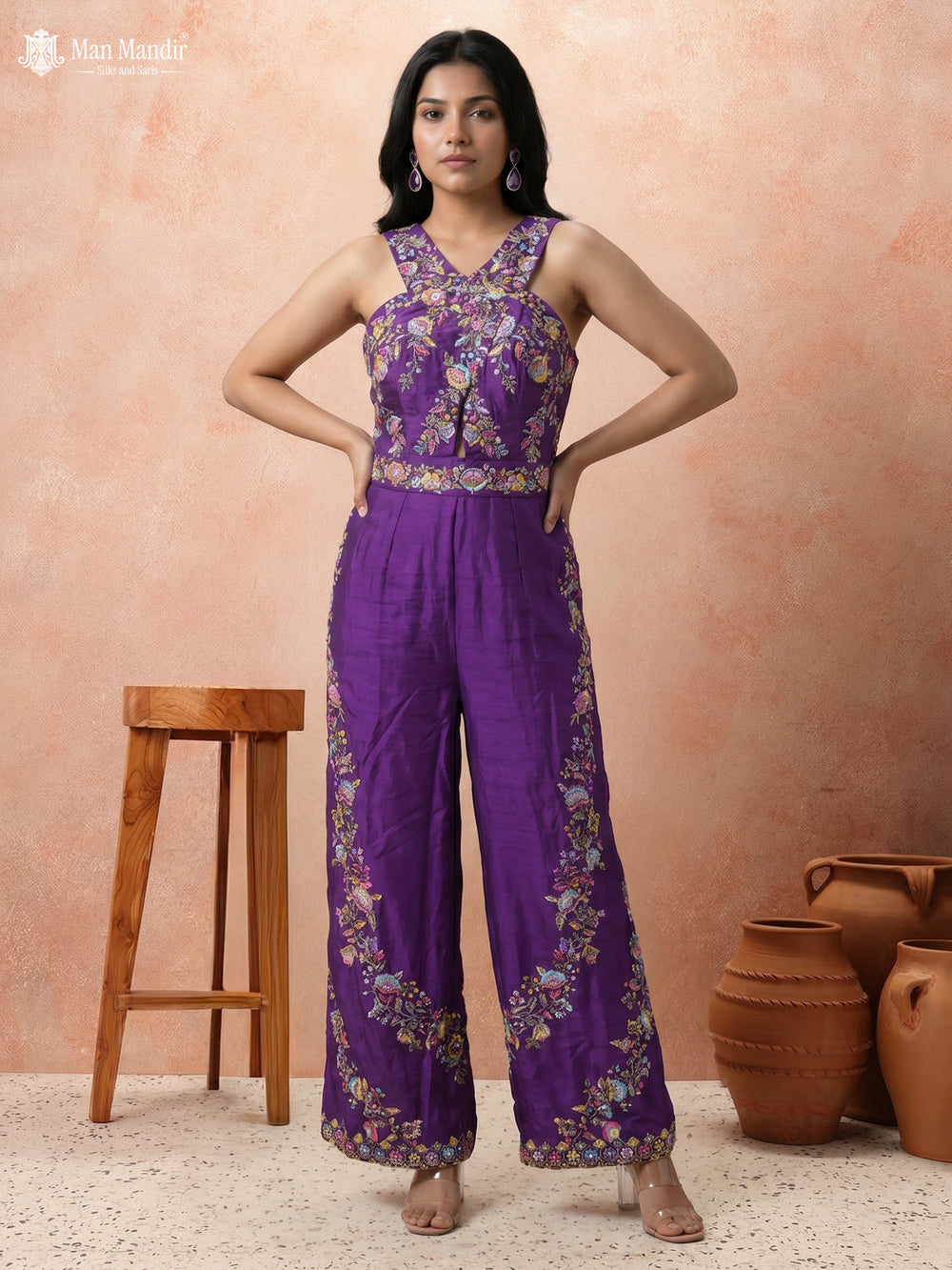 Purple Raw Silk Resham Work Jumpsuit With Belt