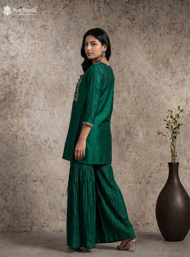 Teal Green Silk Sharara Suit Cape Style With Embroidery Zardosi work