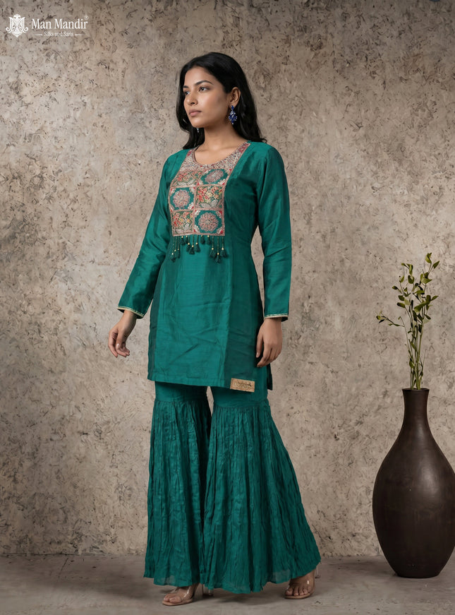 Teal Green Silk Sharara Suit Cape Style With Embroidery Zardosi work