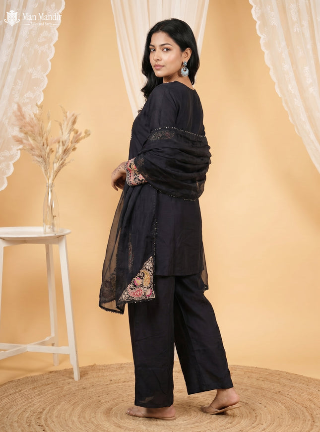 Black Silk Sharara Suit Embroidery Zardosi Work With Dupatta