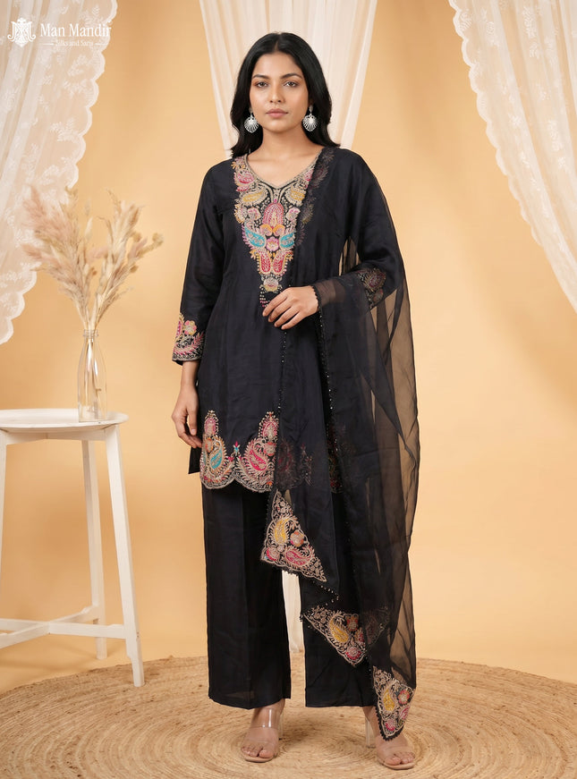 Black Silk Sharara Suit Embroidery Zardosi Work With Dupatta
