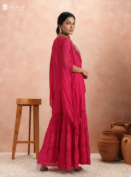Rani Pink Georgette Sharara Suit Cape Sytle With Embroidery Zardosi Work