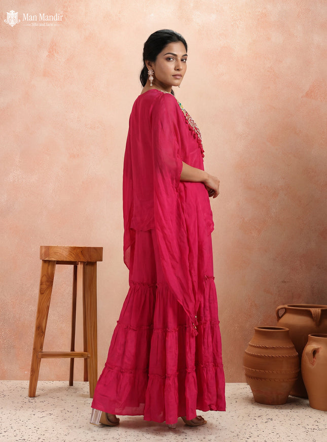 Rani Pink Georgette Sharara Suit Cape Sytle With Embroidery Zardosi Work