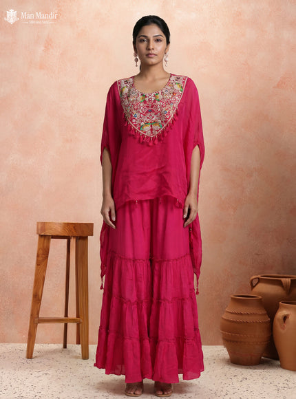 Rani Pink Georgette Sharara Suit Cape Sytle With Embroidery Zardosi Work