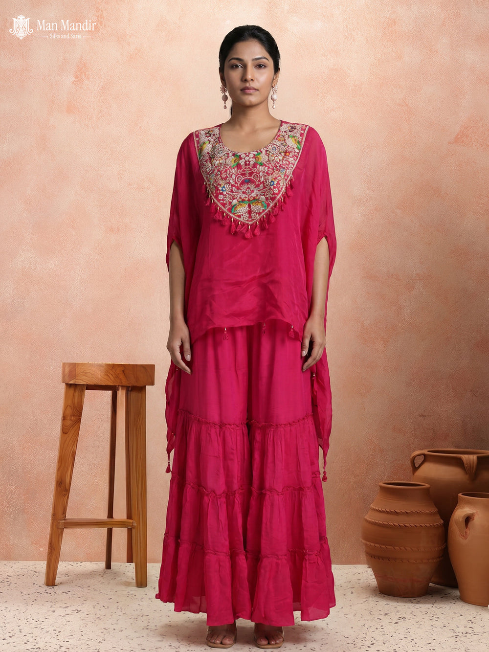 Rani Pink Georgette Sharara Suit Cape Sytle With Embroidery Zardosi Work