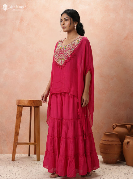 Rani Pink Georgette Sharara Suit Cape Sytle With Embroidery Zardosi Work
