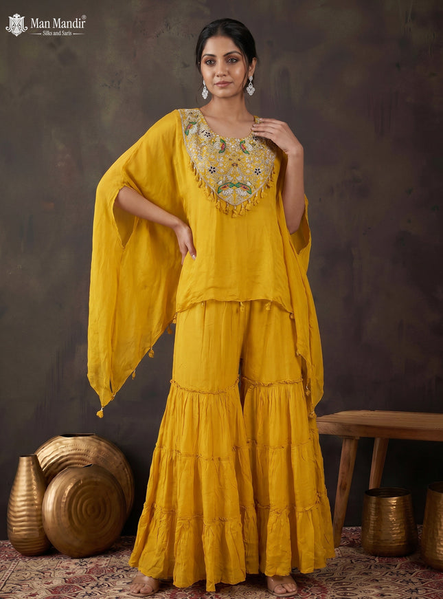 Yellow Georgette Sharara Suit Cape Style With Embroidery Zardosi Work