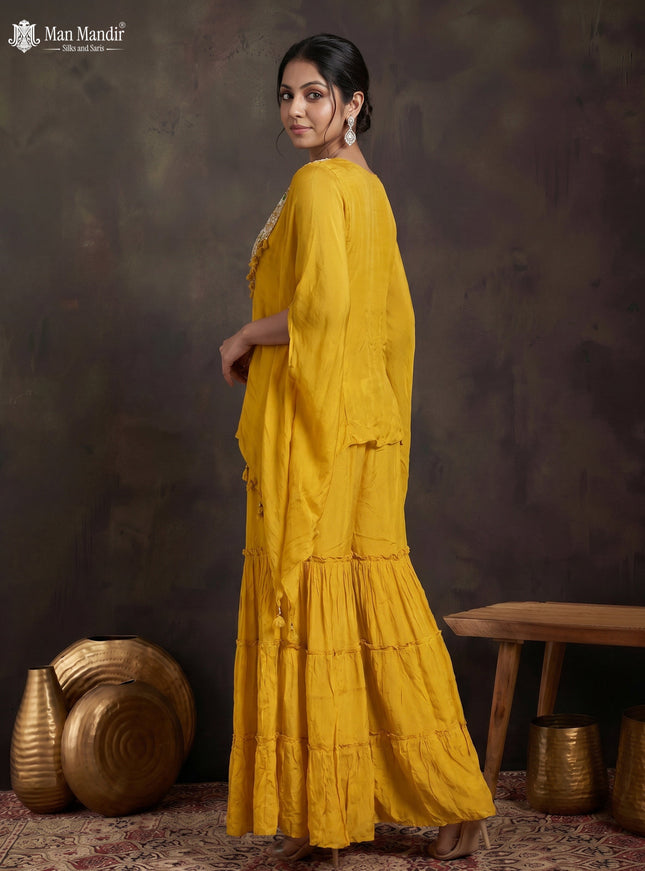 Yellow Georgette Sharara Suit Cape Style With Embroidery Zardosi Work
