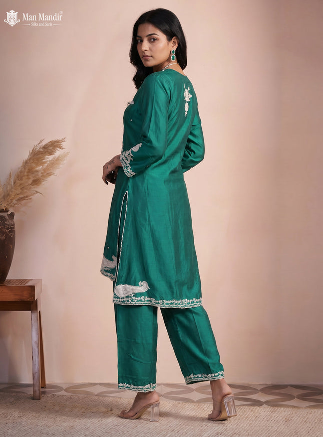 Teal Green Silk Salwar Suit With Embroidery Work