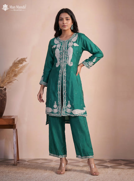 Teal Green Silk Salwar Suit With Embroidery Work