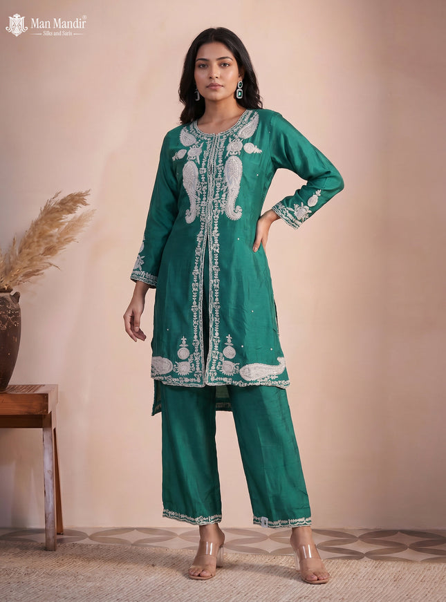 Teal Green Silk Salwar Suit With Embroidery Work