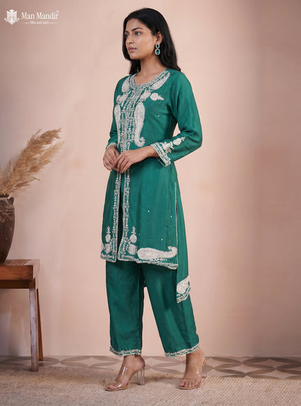 Teal Green Silk Salwar Suit With Embroidery Work