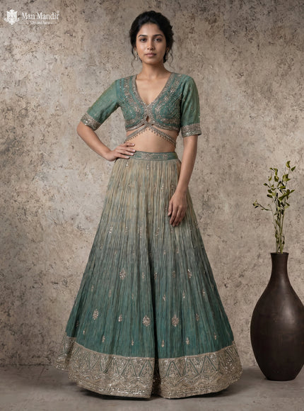 Forest Green Silk Tissue Readymade Lehenga With Zardosi Work Blouse