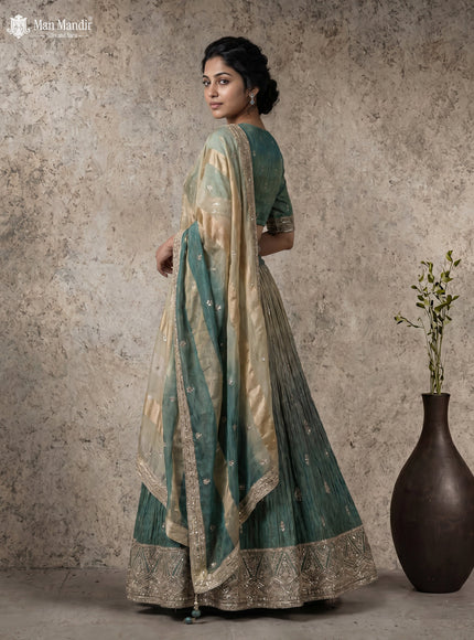 Forest Green Silk Tissue Readymade Lehenga With Zardosi Work Blouse