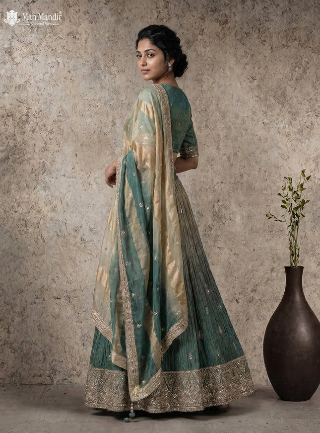 Forest Green Silk Tissue Readymade Lehenga With Zardosi Work Blouse