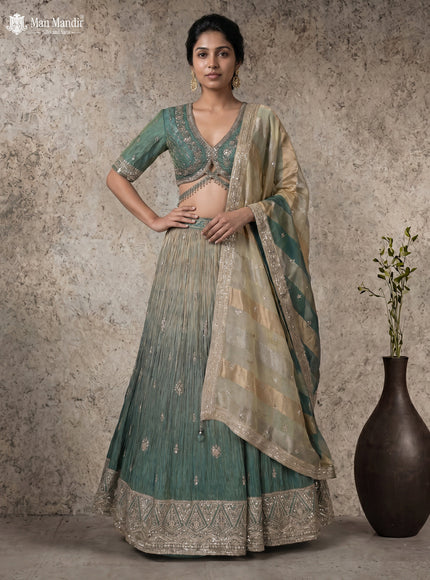 Forest Green Silk Tissue Readymade Lehenga With Zardosi Work Blouse
