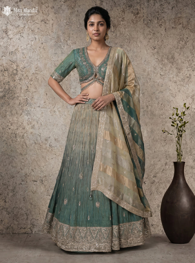 Forest Green Silk Tissue Readymade Lehenga With Zardosi Work Blouse
