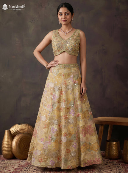 Beige Crepe Silk Readymade Lehenga With Embroidery Blouse