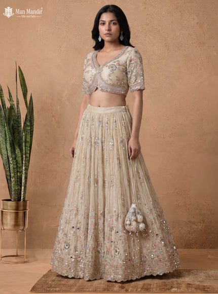 Beige Silk Tissue Readymade LehengaWith Heavy Embroidery Blouse