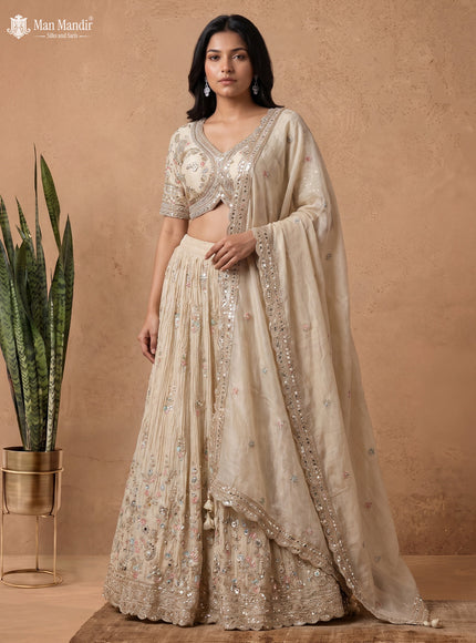 Beige Silk Tissue Readymade LehengaWith Heavy Embroidery Blouse