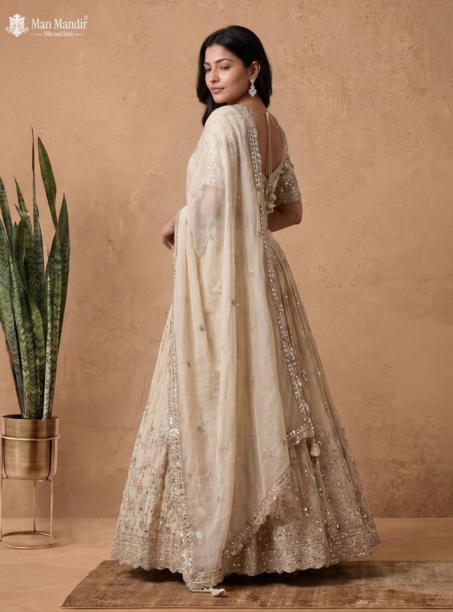 Beige Silk Tissue Readymade LehengaWith Heavy Embroidery Blouse