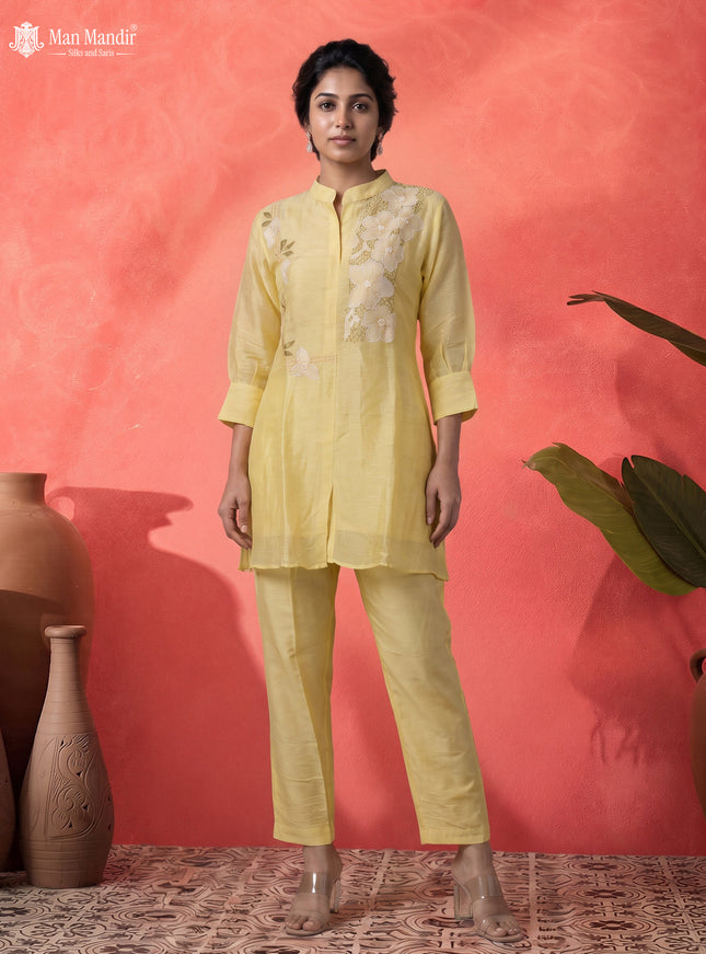 Yellow Chanderi Readymade Embroidery Co-ord Set