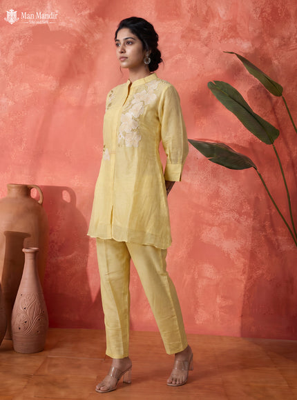 Yellow Chanderi Readymade Embroidery Co-ord Set
