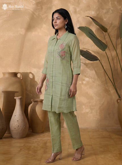 Pista Green Chanderi Readymade Embroidery Co-ord Set