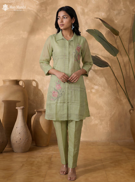 Pista Green Chanderi Readymade Embroidery Co-ord Set