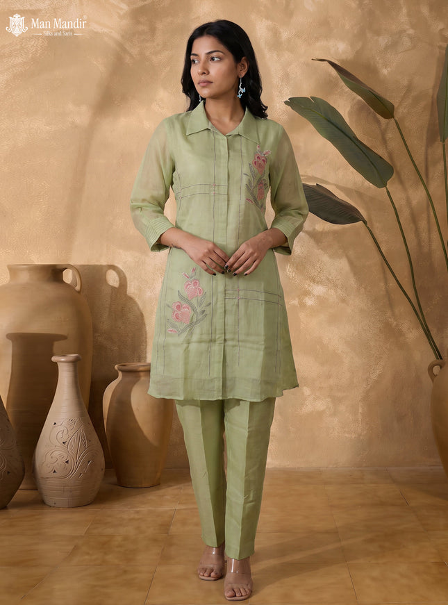 Pista Green Chanderi Readymade Embroidery Co-ord Set