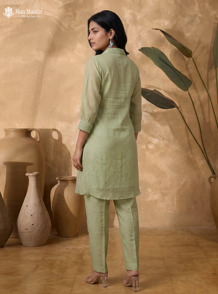 Pista Green Chanderi Readymade Embroidery Co-ord Set