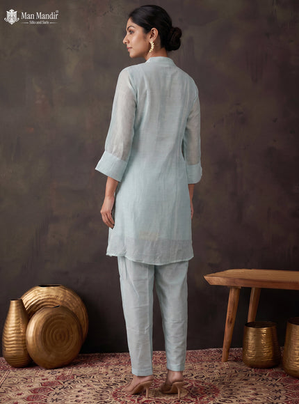 Sky Blue Chanderi Readymade Embroidery Co-ord Set