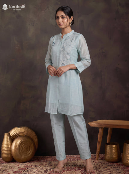 Sky Blue Chanderi Readymade Embroidery Co-ord Set
