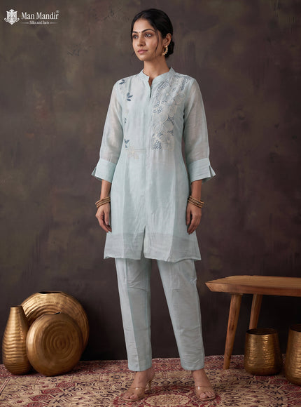 Sky Blue Chanderi Readymade Embroidery Co-ord Set