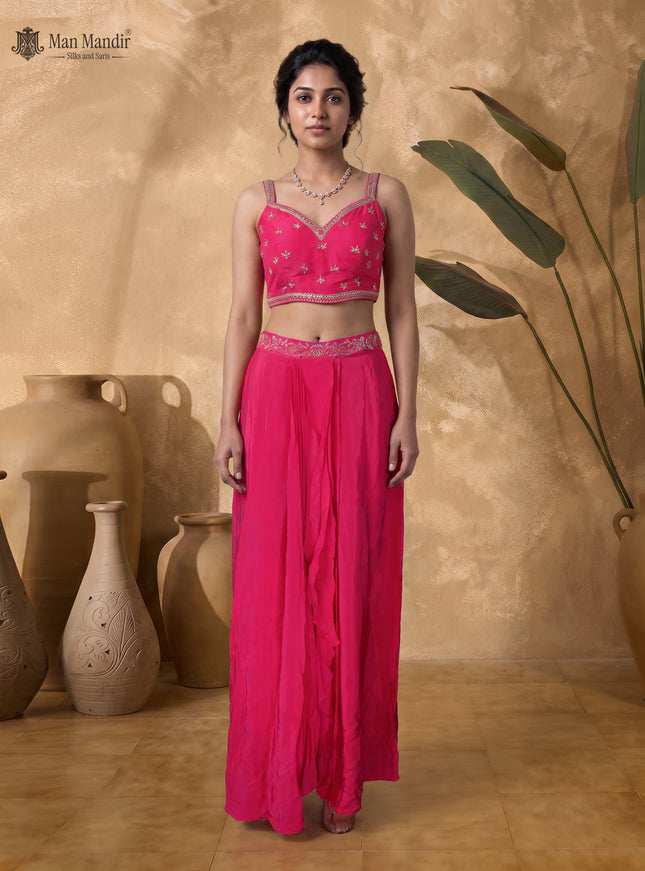 Rani Pink Crepe Embellished Blouse With Jacket And Draped Skirt