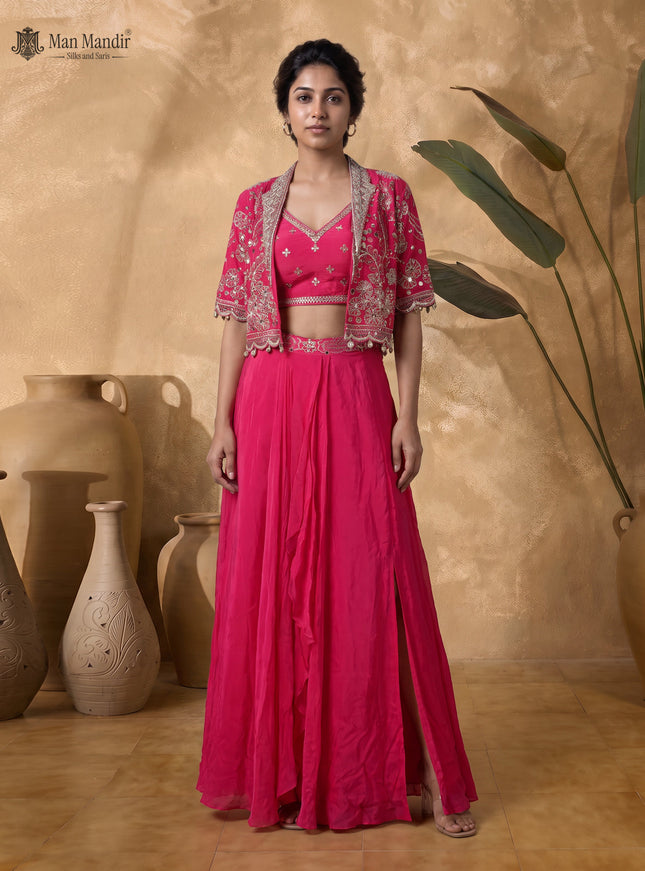 Rani Pink Crepe Embellished Blouse With Jacket And Draped Skirt